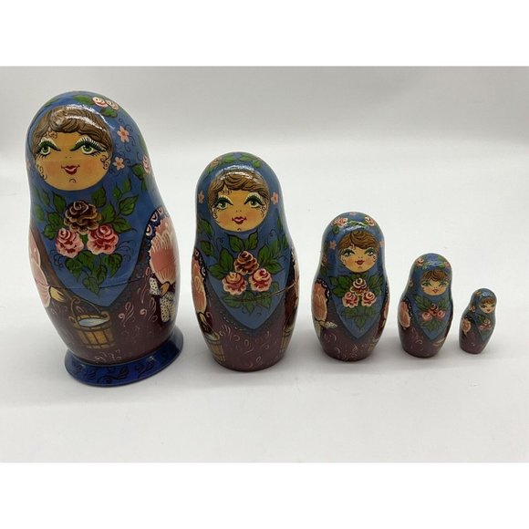 Russian Handpainted Wooden Nesting Dolls - Set of 5 - Tallest is 6" Dated 1992 - Picture 12 of 16